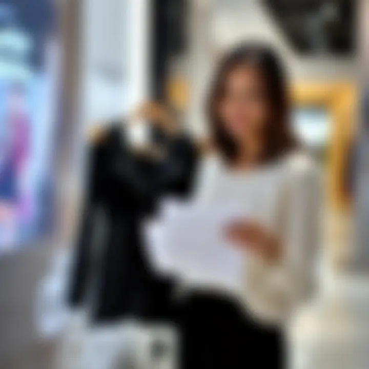 Consumer reviewing return policy with a stylish dress in hand