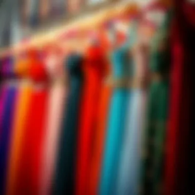 A vibrant selection of colorful evening dresses hanging on display.