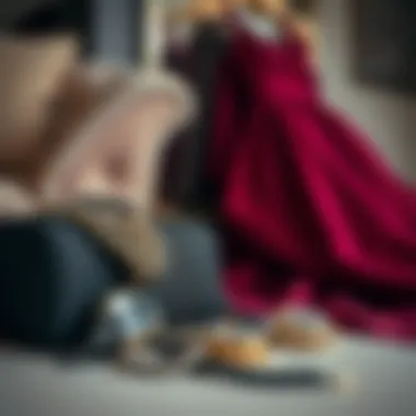 Fashion accessories arranged stylishly beside a classic evening gown.