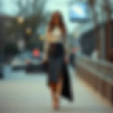 A stylish outfit featuring an asymmetrical leather skirt paired with elegant accessories.