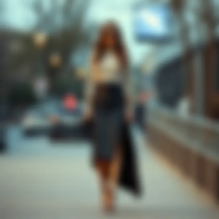 A stylish outfit featuring an asymmetrical leather skirt paired with elegant accessories.