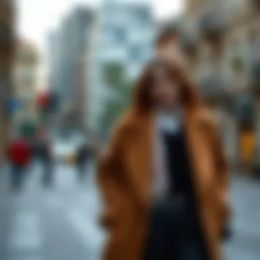 A stylish long coat worn with a chic outfit in an urban setting.