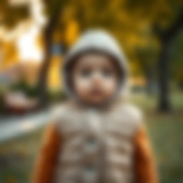 Baby wearing a cozy hooded vest in a park