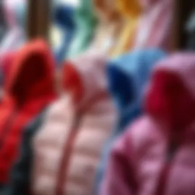 Colorful assortment of baby hooded vests displayed