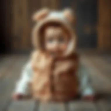 Stylish baby hooded vest on a wooden background