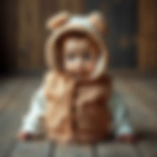 Stylish baby hooded vest on a wooden background