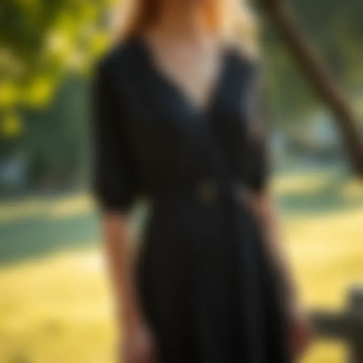 An elegant belted dress showcased in a serene outdoor setting