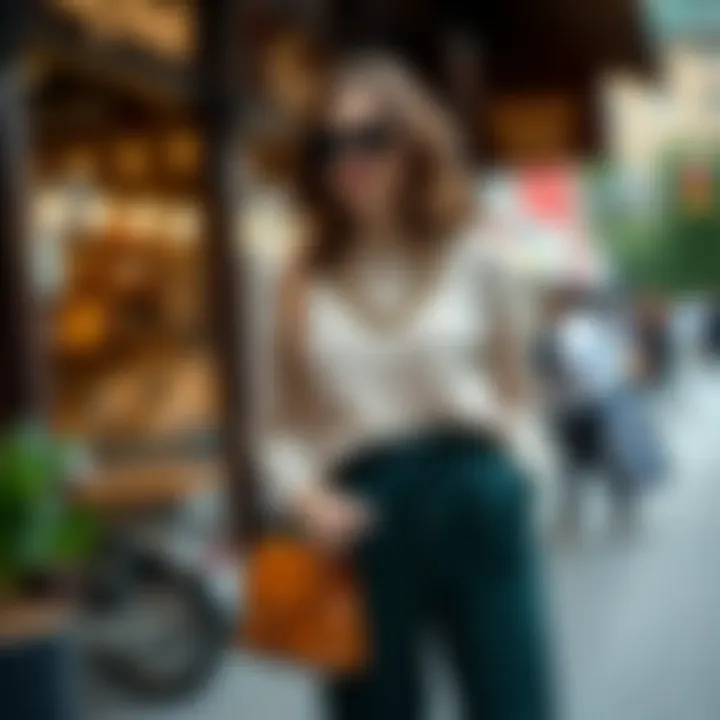 A chic combination of elastic waist pipe leg pants styled with accessories.
