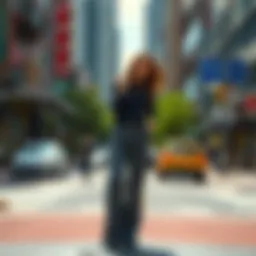Stylish elastic waist pipe leg pants showcased in a vibrant city setting.