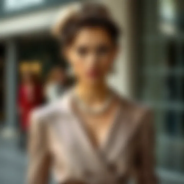 A stunning fashion ensemble worn by a celebrity with fair skin, showcasing the interplay of modern textile design and classic elegance.