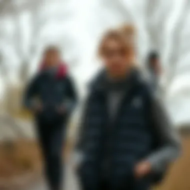 Casual outdoor scene with a black puffer vest complementing the outfit