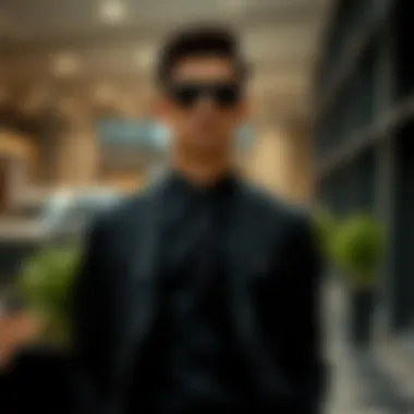 Stylish black suit displayed in a modern setting.