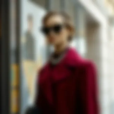 Burgundy Coat with Modern Accessories Burgundy coat paired with modern accessories on a mannequin