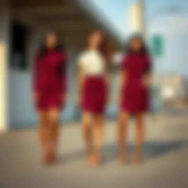 Different body types wearing burgundy pencil skirts