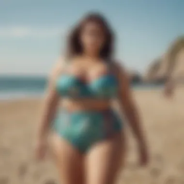 Stylish plus-size swimwear collection displayed on a beach