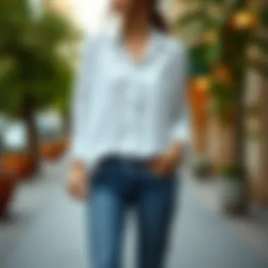 Casual look featuring a white linen shirt paired with denim jeans