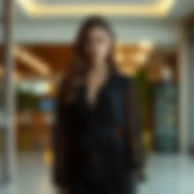 Model showcasing a sophisticated chiffon twin set in a modern setting