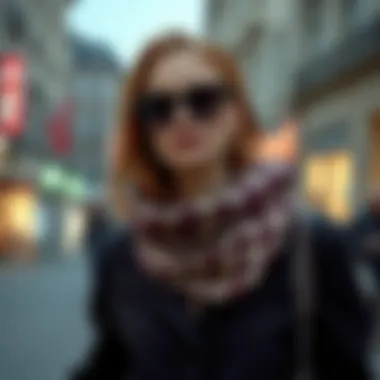 A fashionable scene featuring a model wearing a chic click-clasp shawl