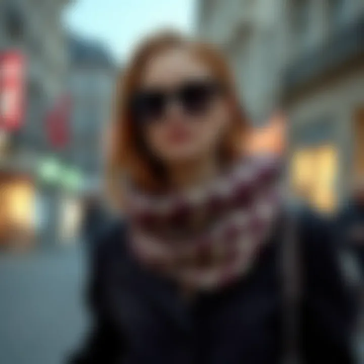 A fashionable scene featuring a model wearing a chic click-clasp shawl