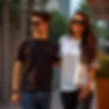 Stylish couple wearing matching t-shirts in a casual setting