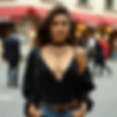 A stylish ensemble featuring a deep V-neck top with complementary accessories