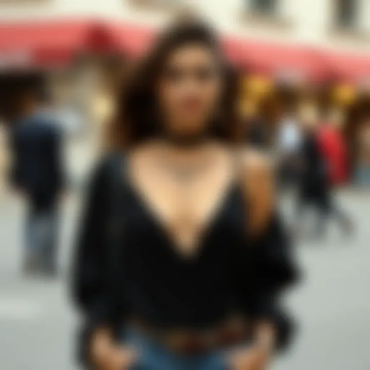 A stylish ensemble featuring a deep V-neck top with complementary accessories