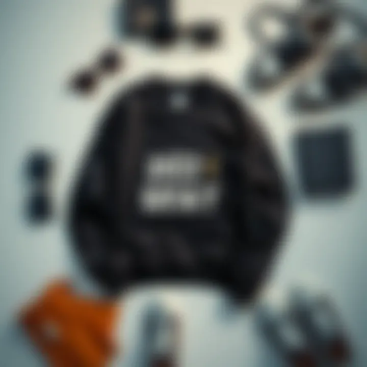 A flat lay of a black sweatshirt with fashion accessories including sunglasses and sneakers