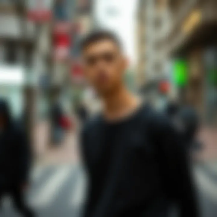 An individual wearing a black sweatshirt in an urban setting, showcasing street style