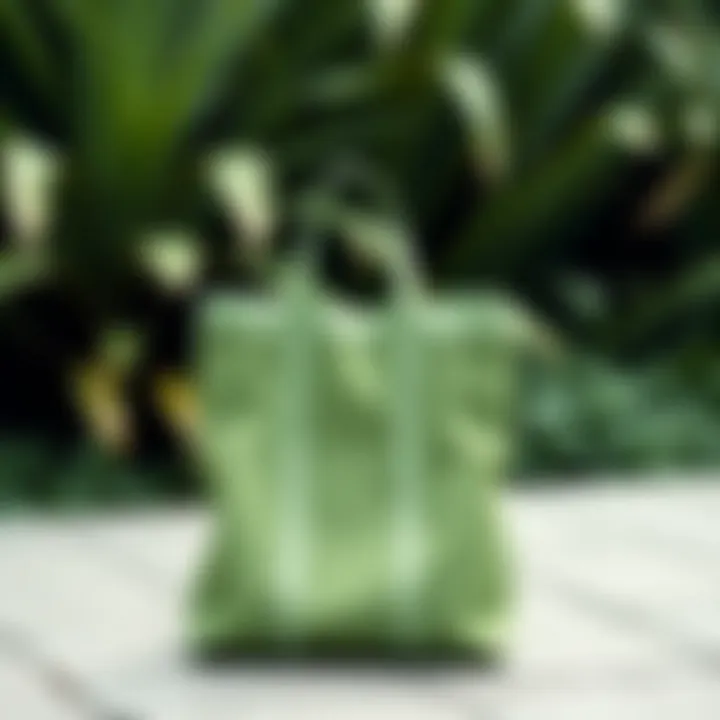 An eco-friendly green bag made from sustainable materials placed against a backdrop of greenery.