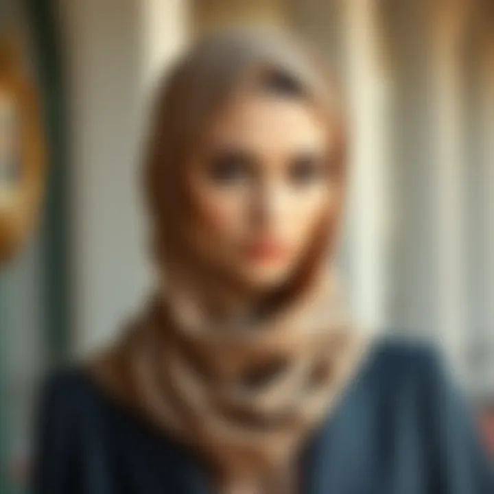 Formal Headscarf Ensemble A model displaying an elegant headscarf combination for a formal setting