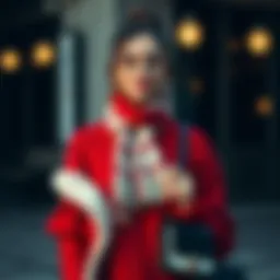 Elegant red sweater ensemble with accessories