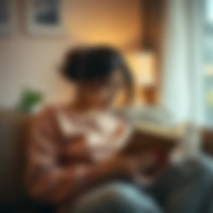 Comfort of Nursing Sweatshirt in Daily Life A mother comfortably wearing a nursing sweatshirt while reading a book