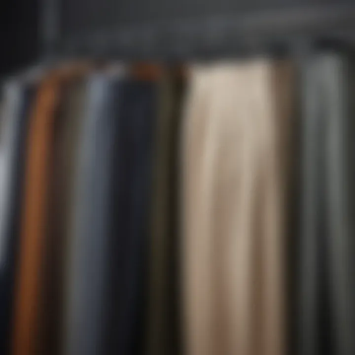 Various styles of fabric trousers displayed on hangers