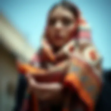 Close-up of intricate scarf patterns and textures