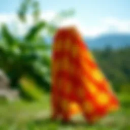 A vibrant summer skirt displayed in a scenic outdoor setting