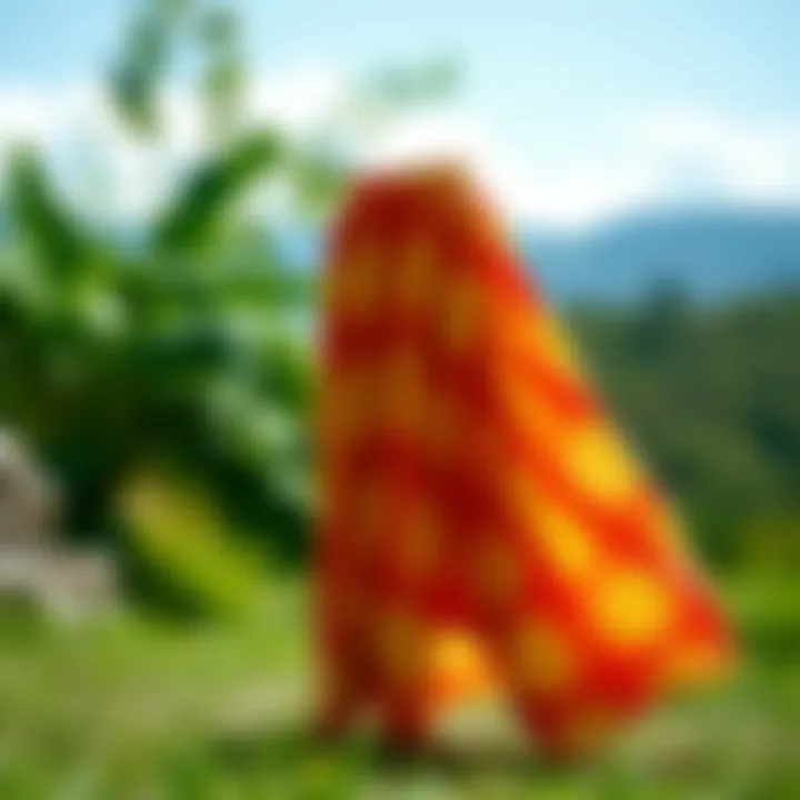A vibrant summer skirt displayed in a scenic outdoor setting