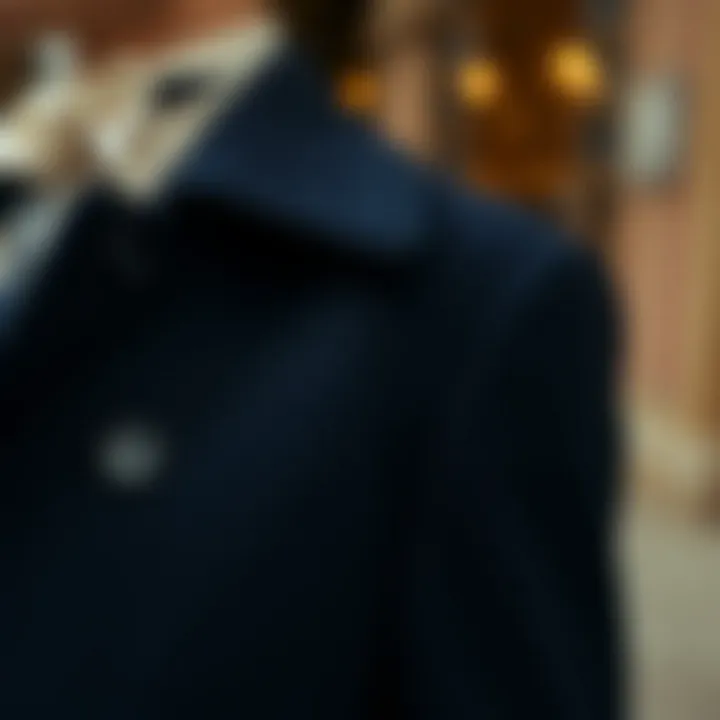 Navy Overcoat Fabric Texture Closer look at the fabric texture of the navy overcoat.