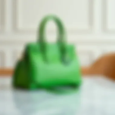 A stylish green handbag on a marble table showcasing its elegance.