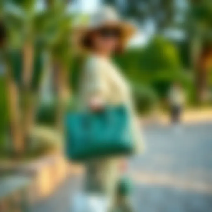 A serene outdoor setting with a green bag complementing a nature-inspired outfit.