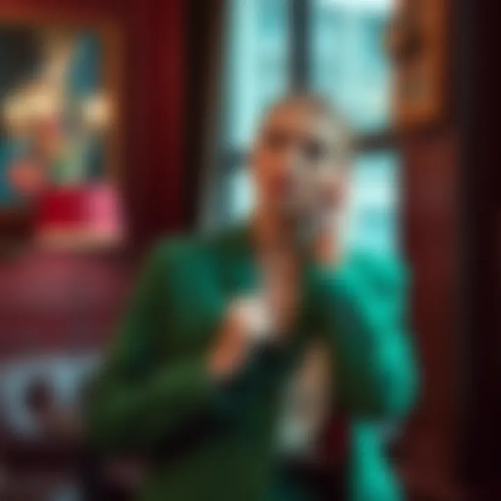 Person adjusting collar of a green blazer in a chic setting