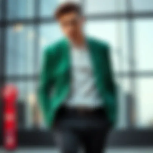 Stylish green blazer paired with a white shirt and black trousers
