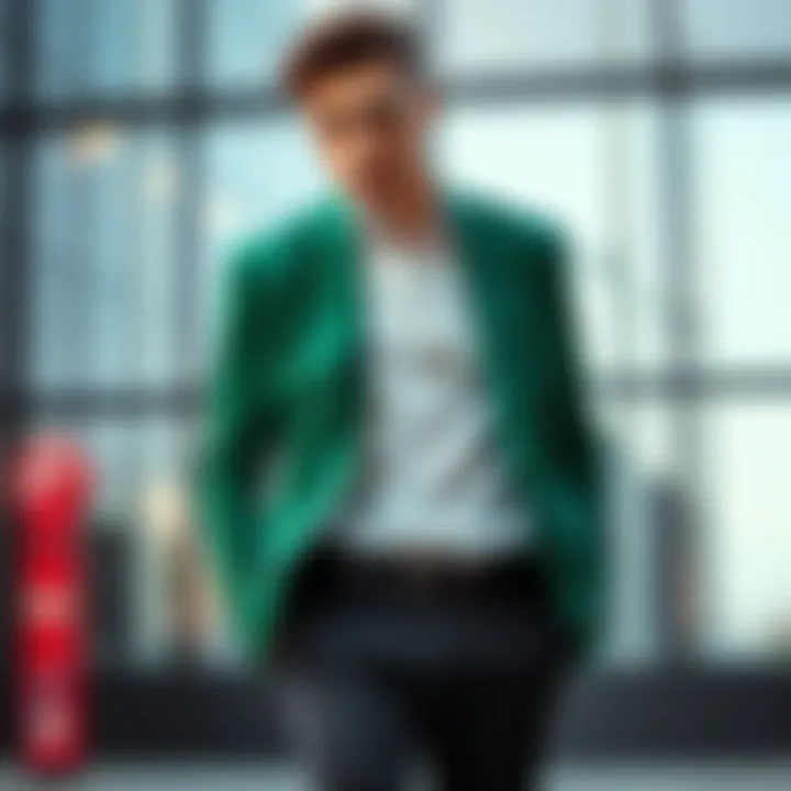 Stylish green blazer paired with a white shirt and black trousers