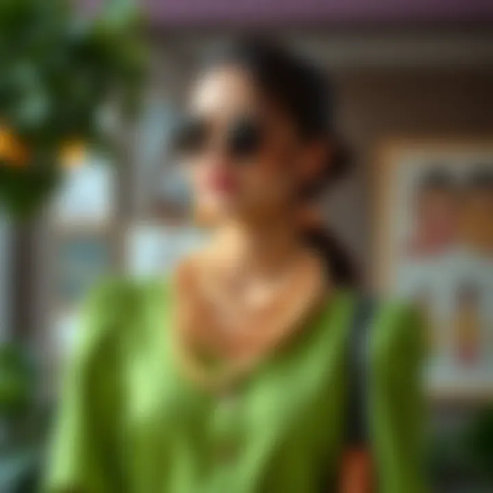 A chic green blouse paired with complementary accessories