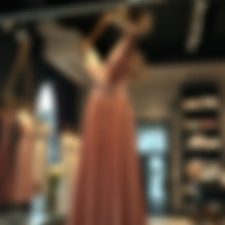 Elegant rose dusty satin dress hanging in a boutique