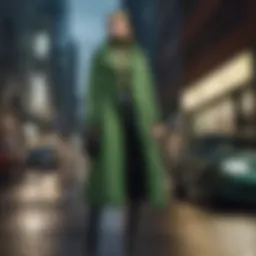 Stylish green coat showcased in a contemporary urban setting