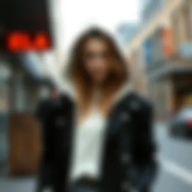 Elegant woman wearing a stylish hooded outfit in an urban setting