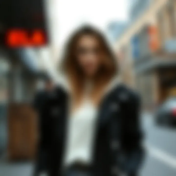 Elegant woman wearing a stylish hooded outfit in an urban setting