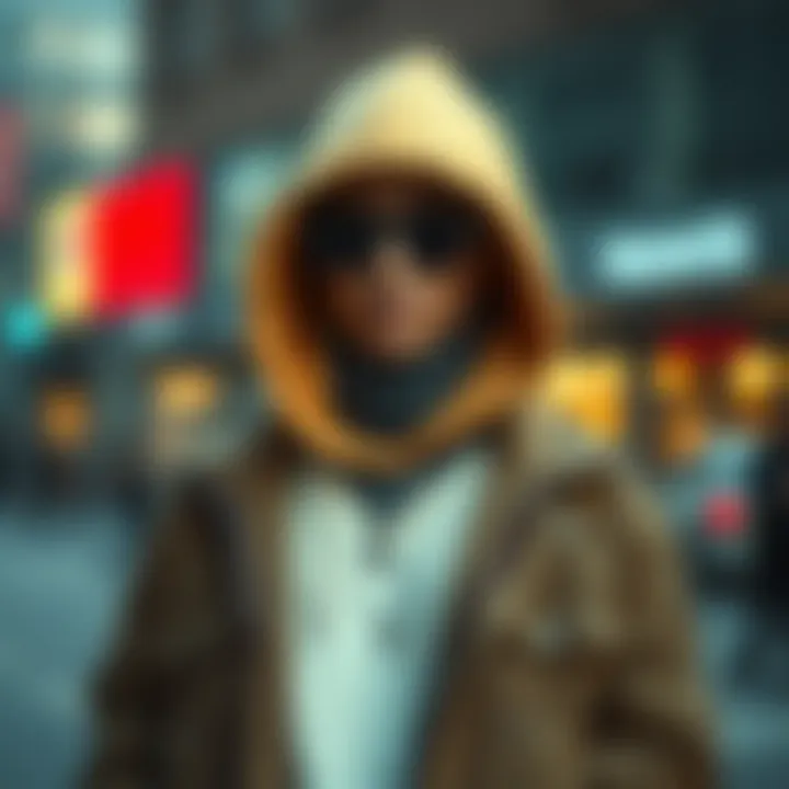 Fashionable hooded jacket paired with contemporary accessories