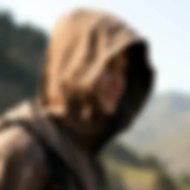 A person wearing a hooded jacket in a natural setting, emphasizing comfort and functionality.