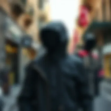 A stylish hooded jacket displayed on a mannequin in a trendy urban setting.